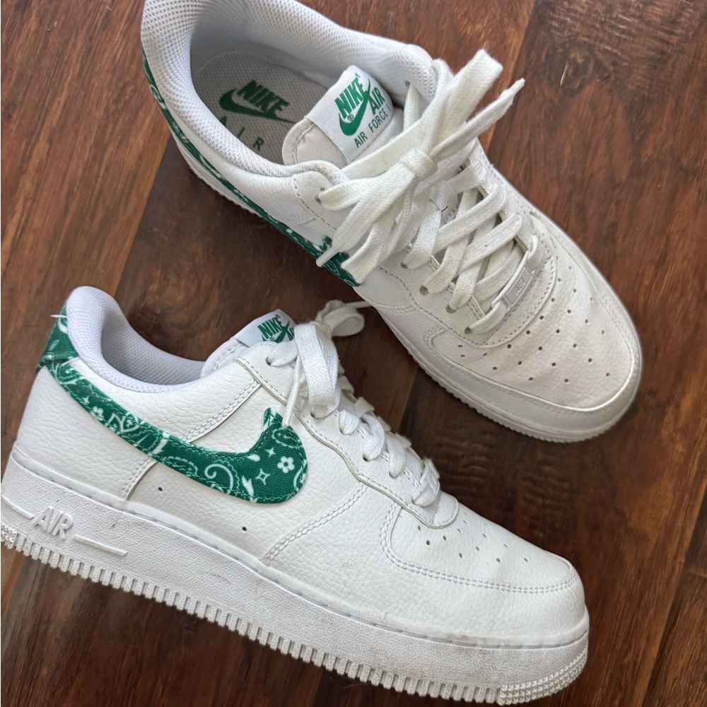 Nike Air Force 1 White Sneakers with Green Paisley